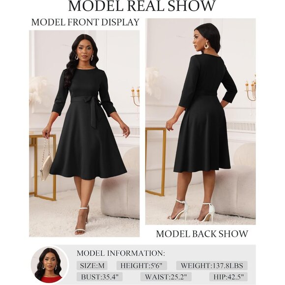 Women's Black 3/4 Sleeve Vintage Flattering A-line Vintage Cocktail Dresses - Picture 3 of 5